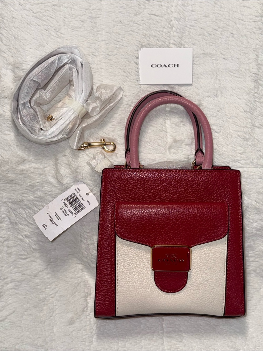 NWT COACH Mini Pepper Crossbody Colorblock Red/Pink/White Leather Mini Satchel